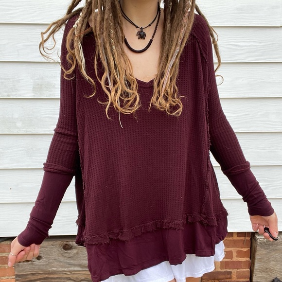 Free People Tops - Free People We The Free Maroon Waffle Knit Laguna Oversized Thermal Tunic Top S